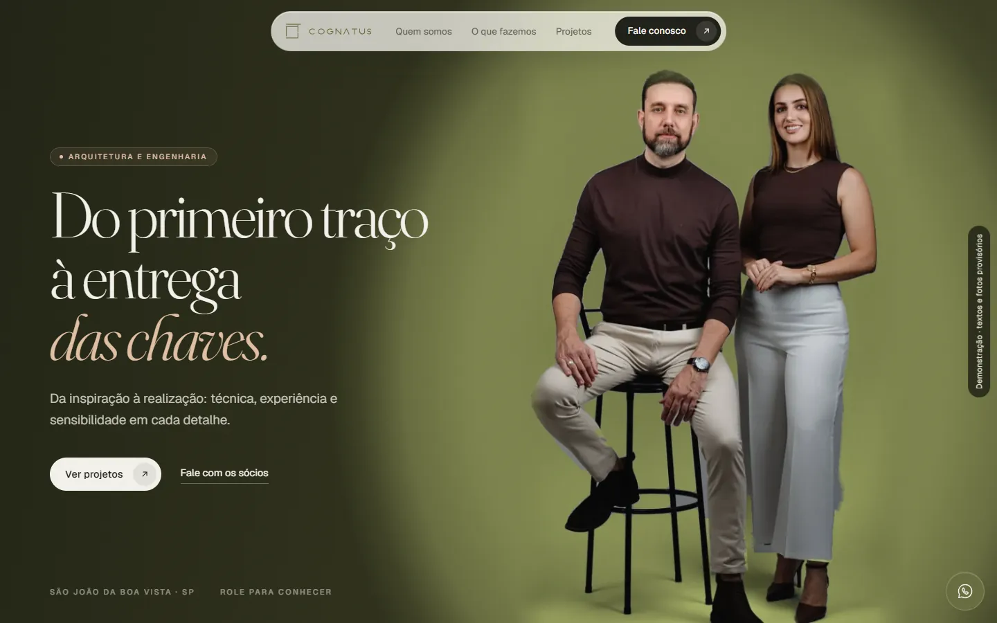 Demo do site da Cognatus no computador: abertura com os sócios no fundo verde-oliva