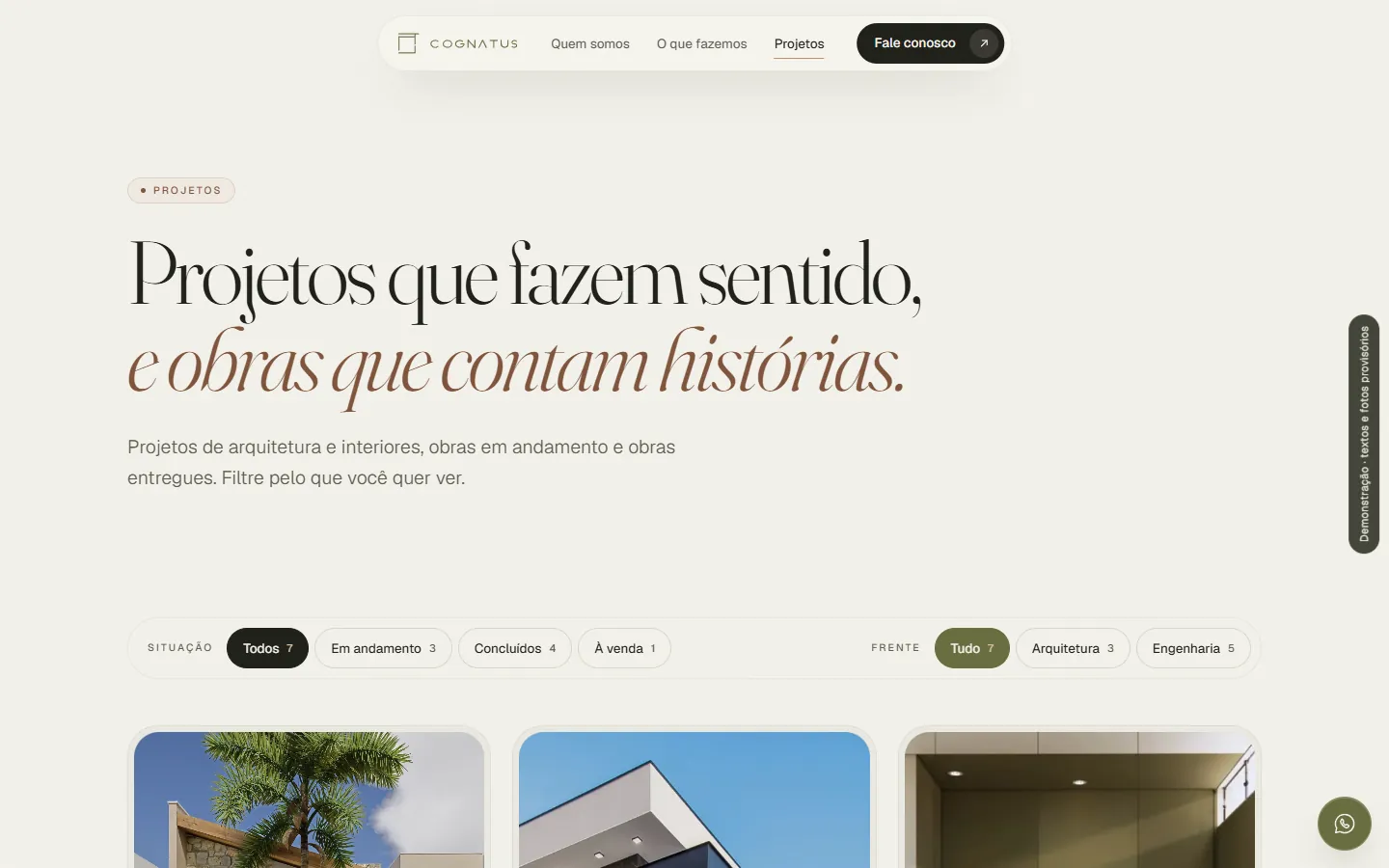 Página de projetos com filtros